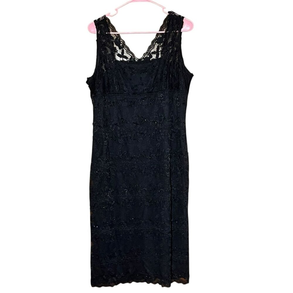 Onyx Nite VTG Y2K Black Sleeveless Midi Lace Lined Beaded Empire Waist Dress 14W